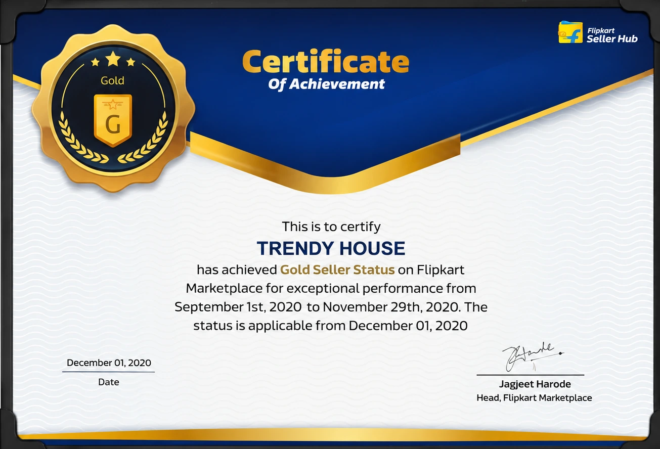Flipkart Gold Seller Certificate — awarded December 2020