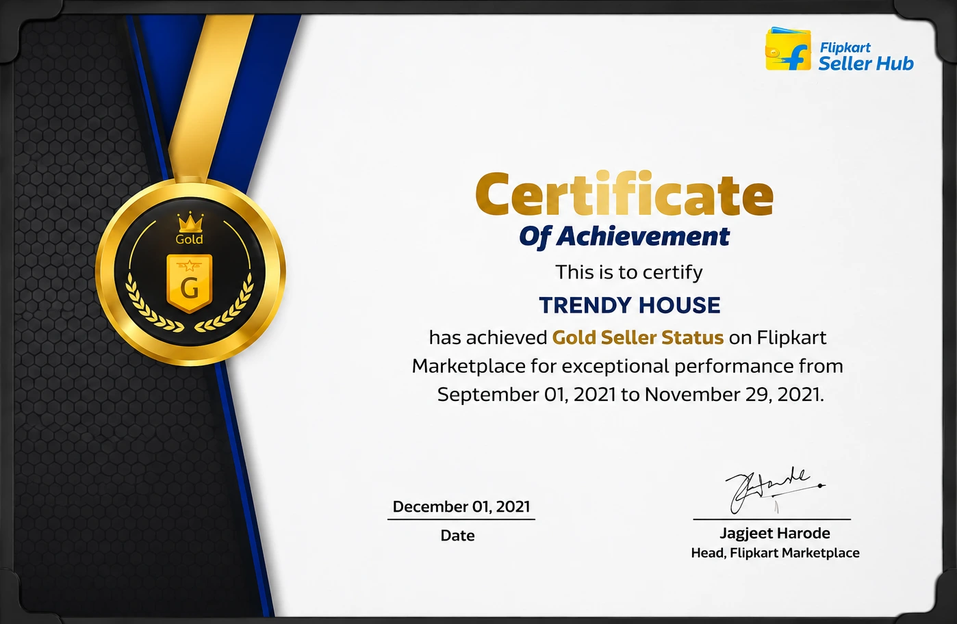 Flipkart Gold Seller Certificate — awarded December 2021