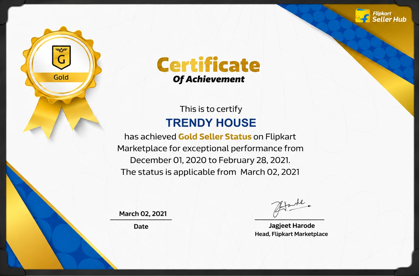 Flipkart Gold Seller Certificate — awarded March 2021