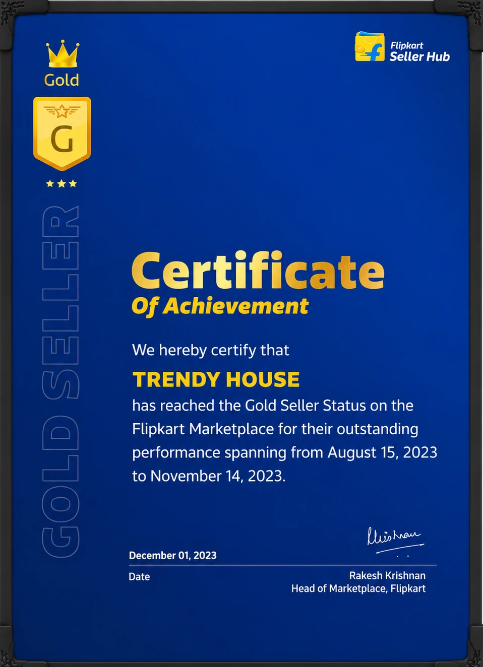 Flipkart Gold Seller Certificate — awarded December 2023