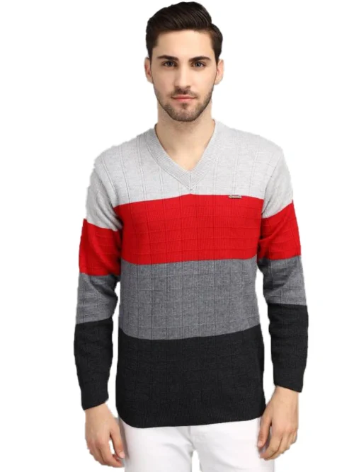 Anixa Men's V-Neck Striped Knitted Sweater red -0