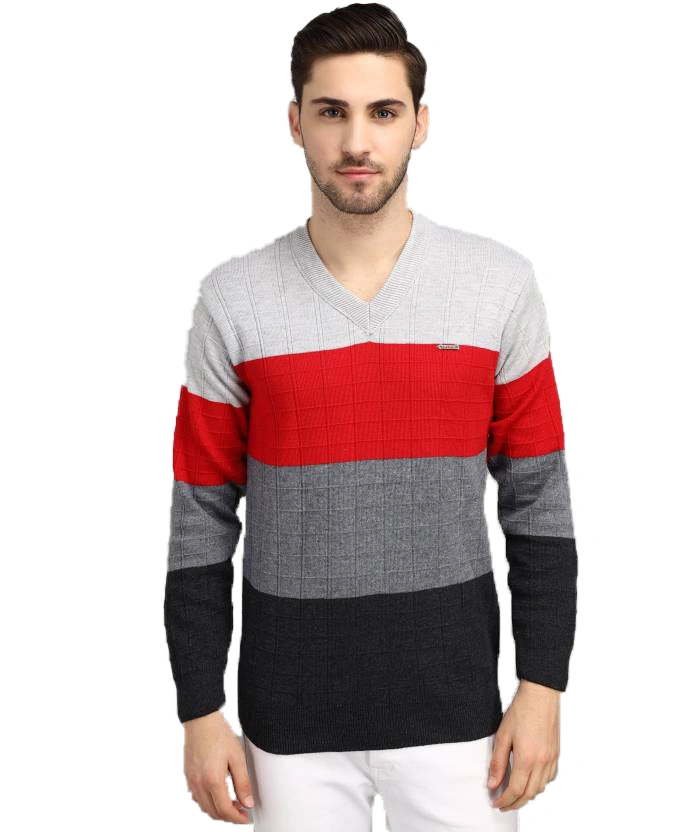 Anixa Men's V-Neck Striped Knitted Sweater red -0