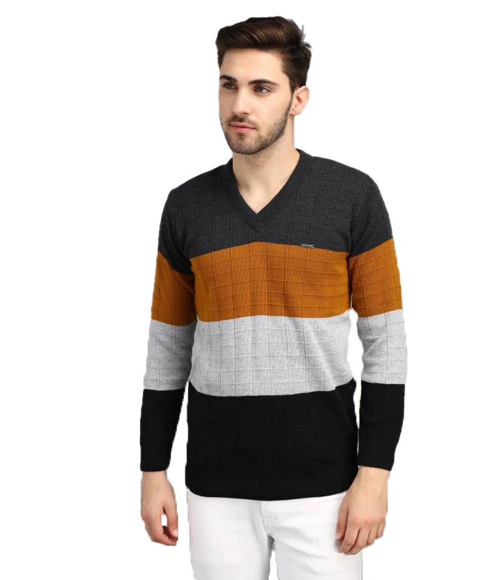 Anixa Men's V-Neck Striped Knitted Sweater mustard -0