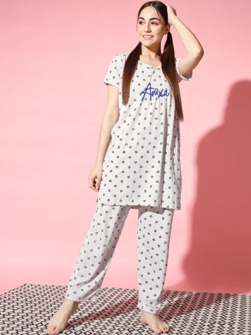 Anixa Women's Printed Cotton Nightsuit grey 1