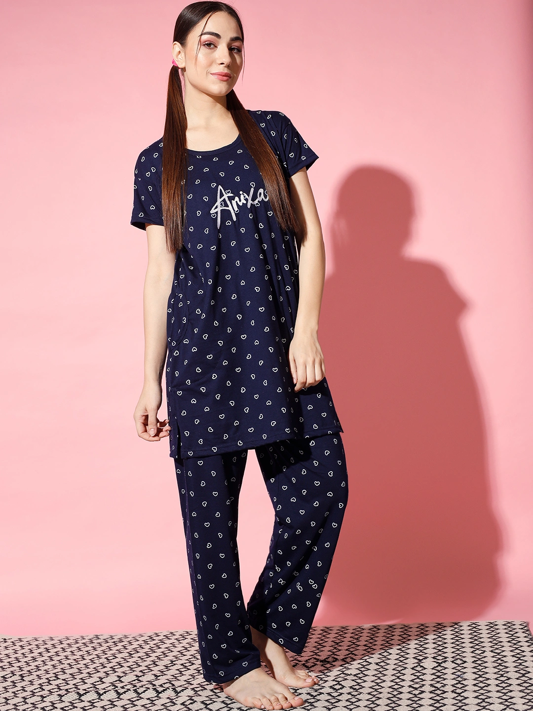 Anixa Women's Printed Cotton Nightsuit navy 1
