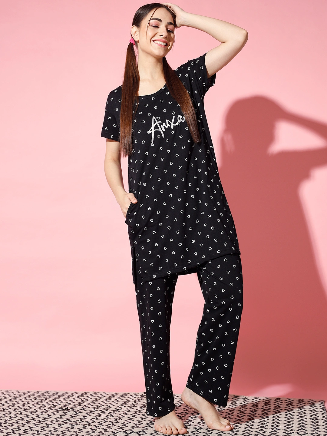 Anixa Women's Printed Cotton Nightsuit black 5