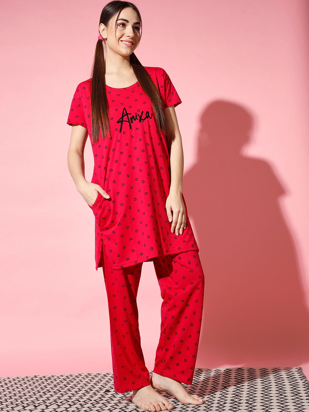 Anixa Women's Printed Cotton Nightsuit pink 5