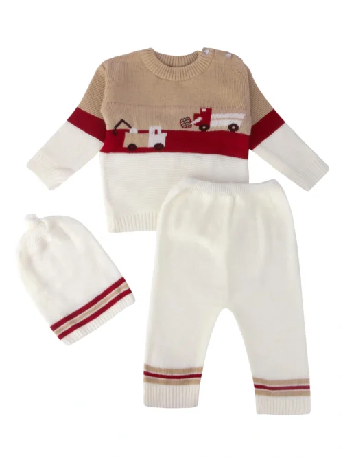 Anixa Kids 3 Piece Truck Printed Woolen Sweater Set white -1