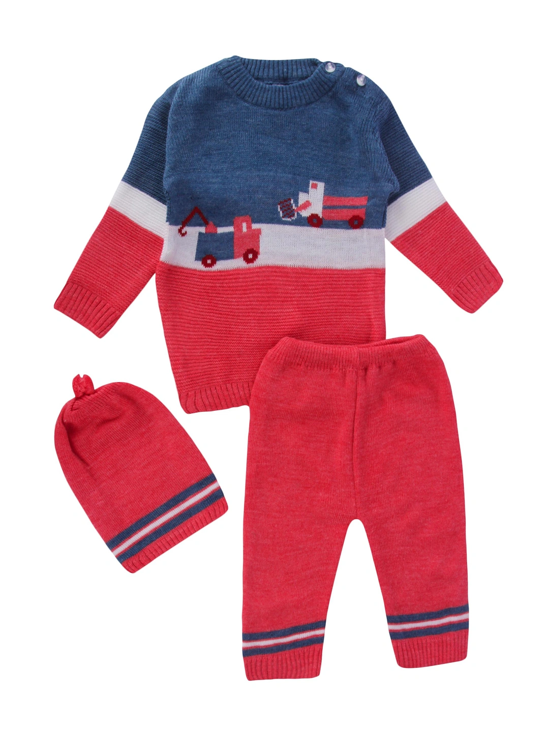 Anixa Kids 3 Piece Truck Printed Woolen Sweater Set blue -1