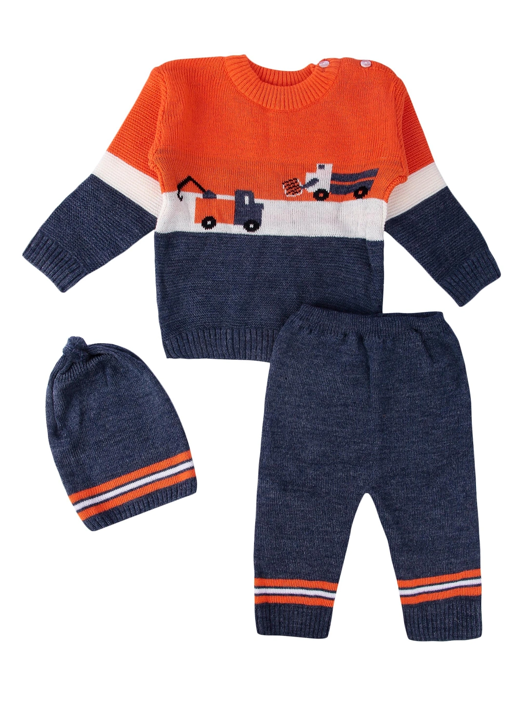Anixa Kids 3 Piece Truck Printed Woolen Sweater Set orange -1