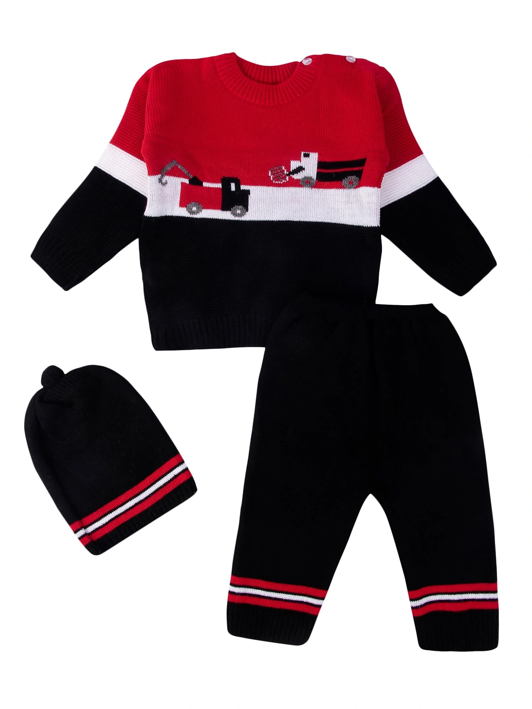 Anixa Kids 3 Piece Truck Printed Woolen Sweater Set red -1
