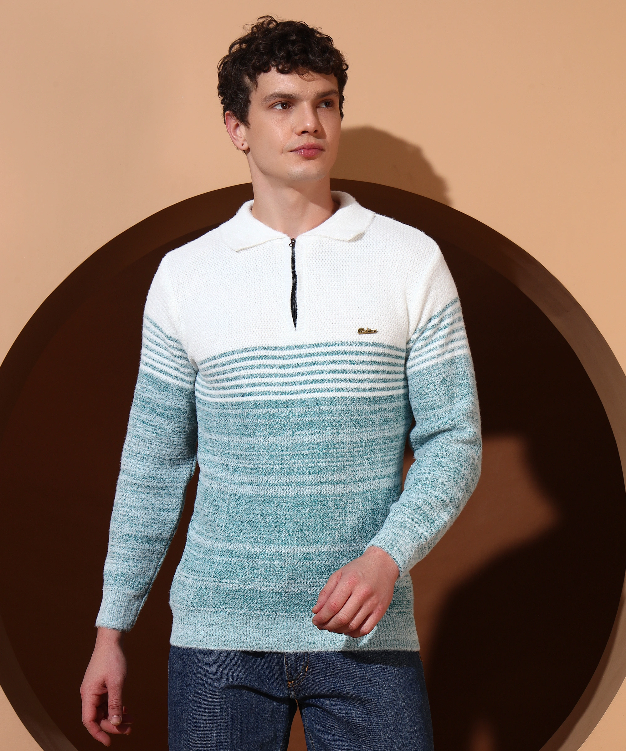 Anixa Men's Textured Half Zip Collared Sweater green -5