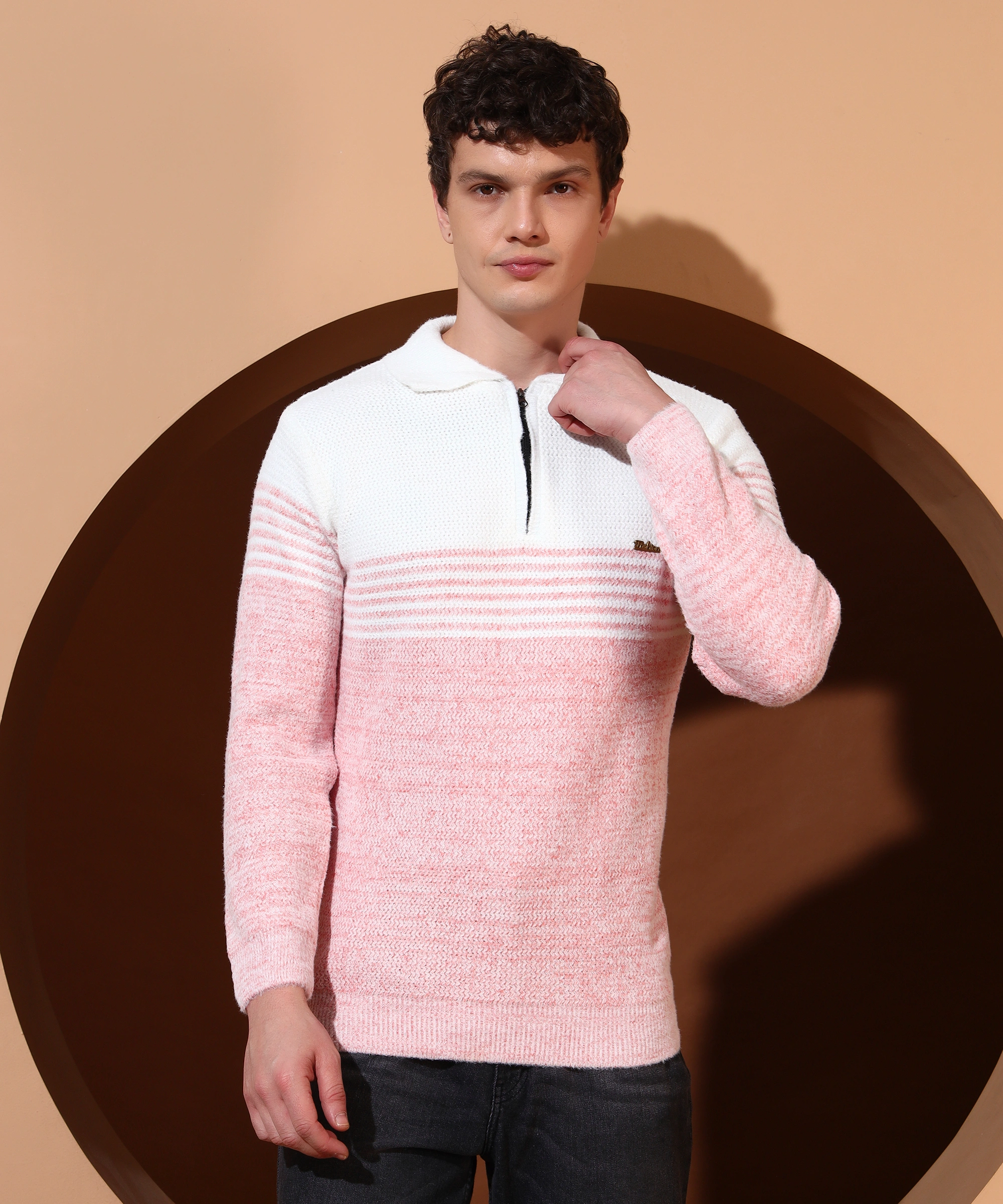 Anixa Men's Textured Half Zip Collared Sweater pink -6