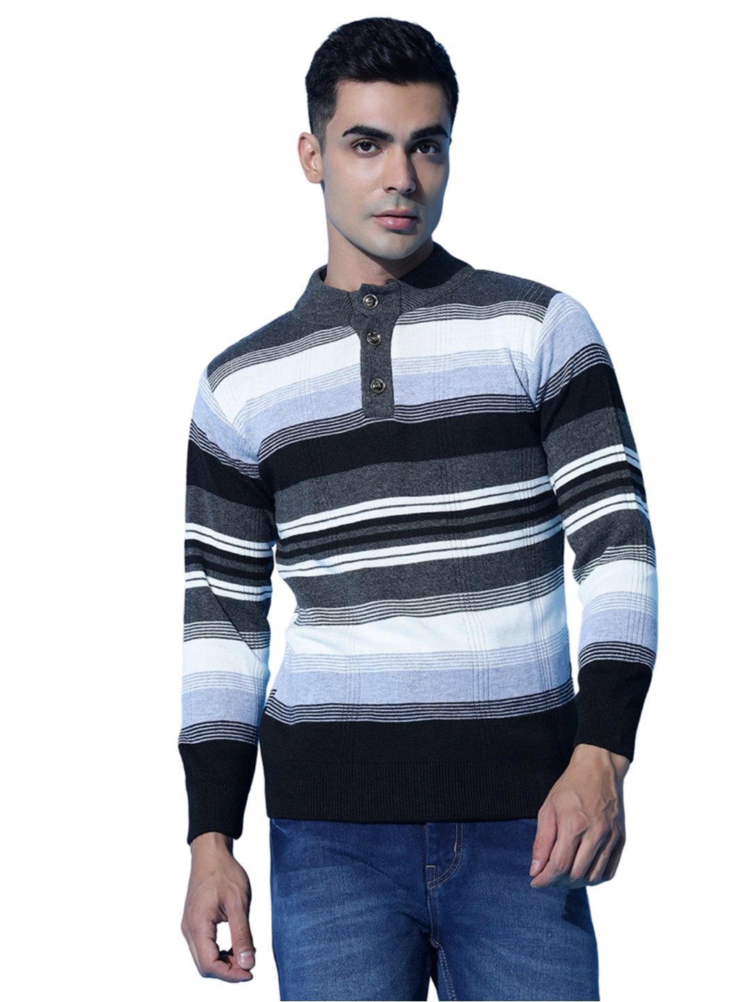 Anixa Men's Striped Button Neck Knitted Sweater Black -2
