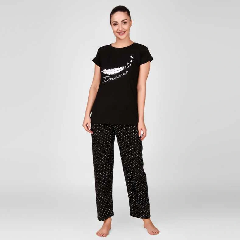 Anixa Women's Star Printed Cotton Nightsuit Black 1