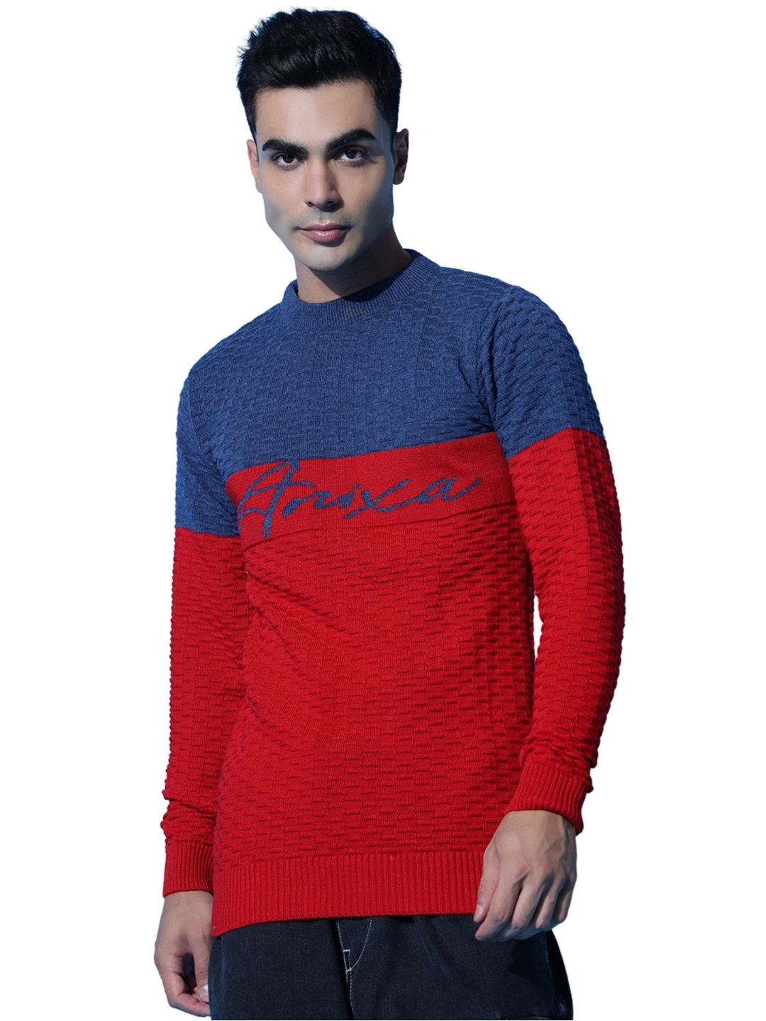 Anixa Men's Textured Round Neck Sweater Blue-2