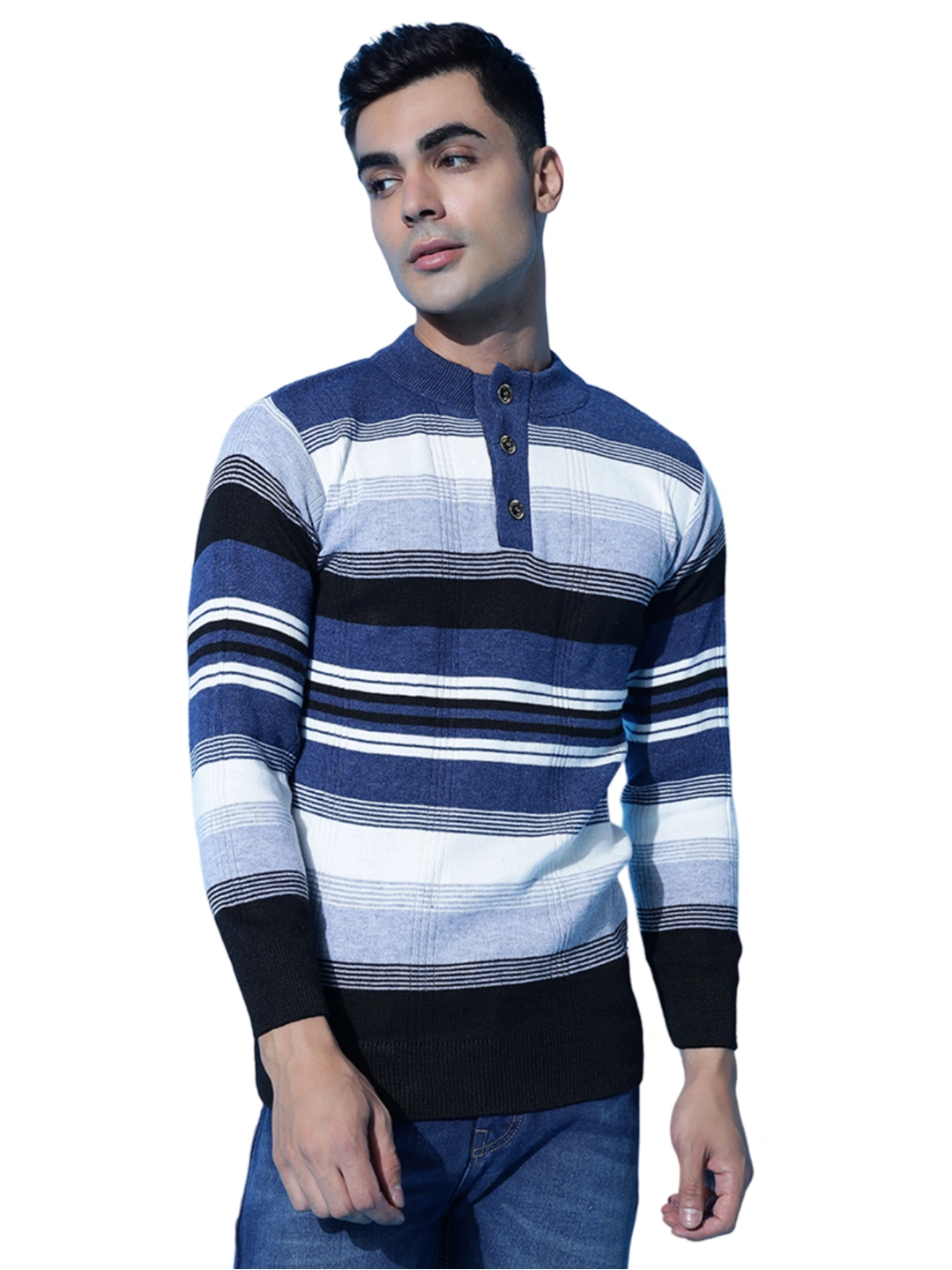 Anixa Men's Striped Button Neck Knitted Sweater blue -3