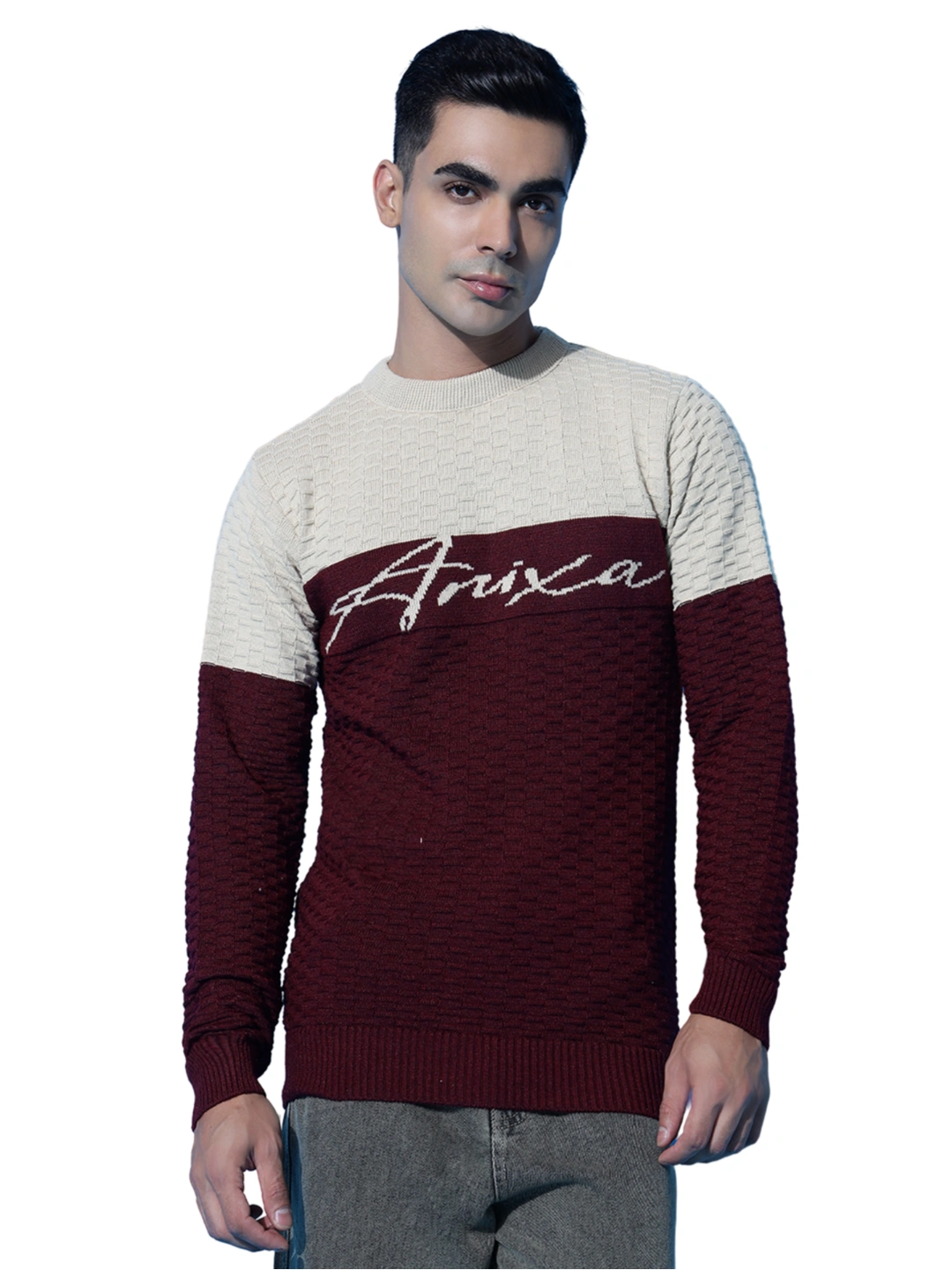 Anixa Men's Textured Round Neck Sweater Cream-2