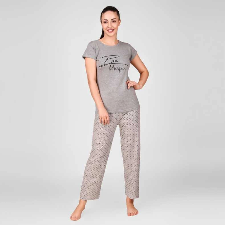 Anixa Women's Star Printed Cotton Nightsuit Grey 1