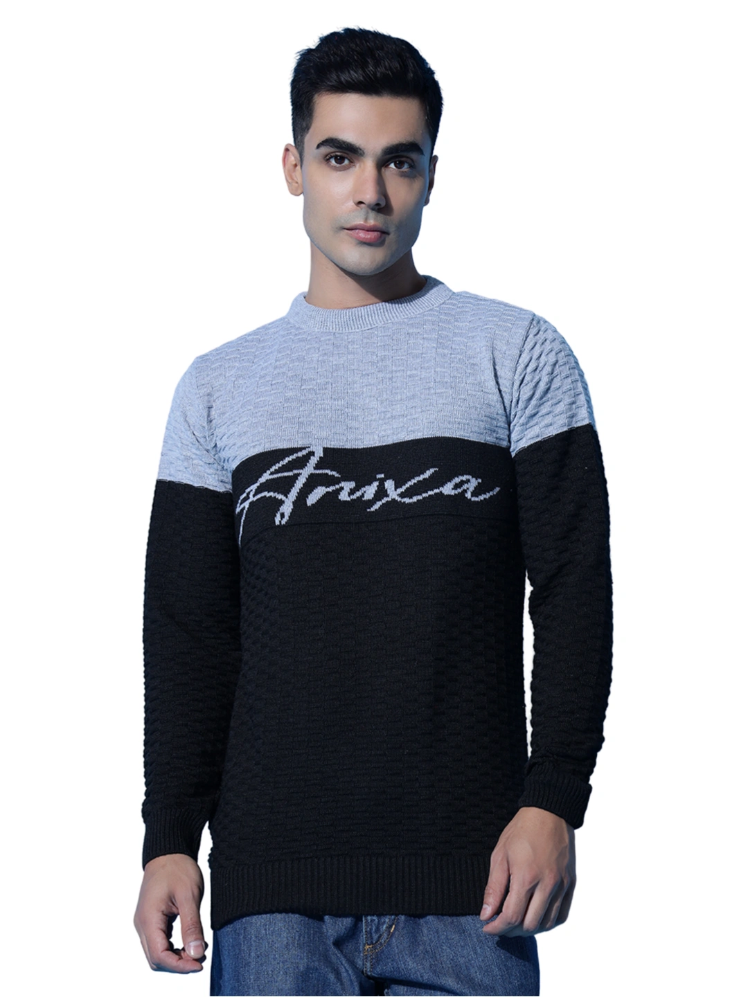 Anixa Men's Textured Round Neck Sweater GreyBlack-2