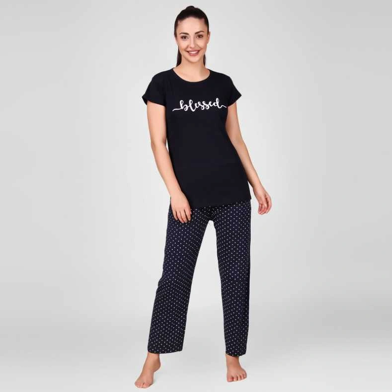 Anixa Women's Star Printed Cotton Nightsuit Navy 1