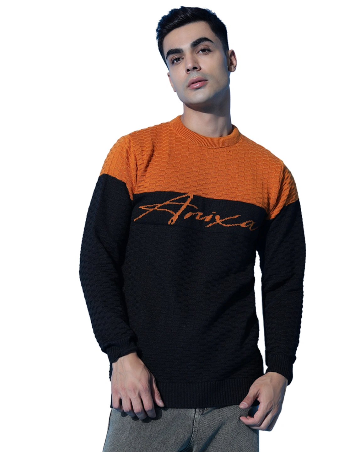 Anixa Men's Textured Round Neck Sweater Orange-2