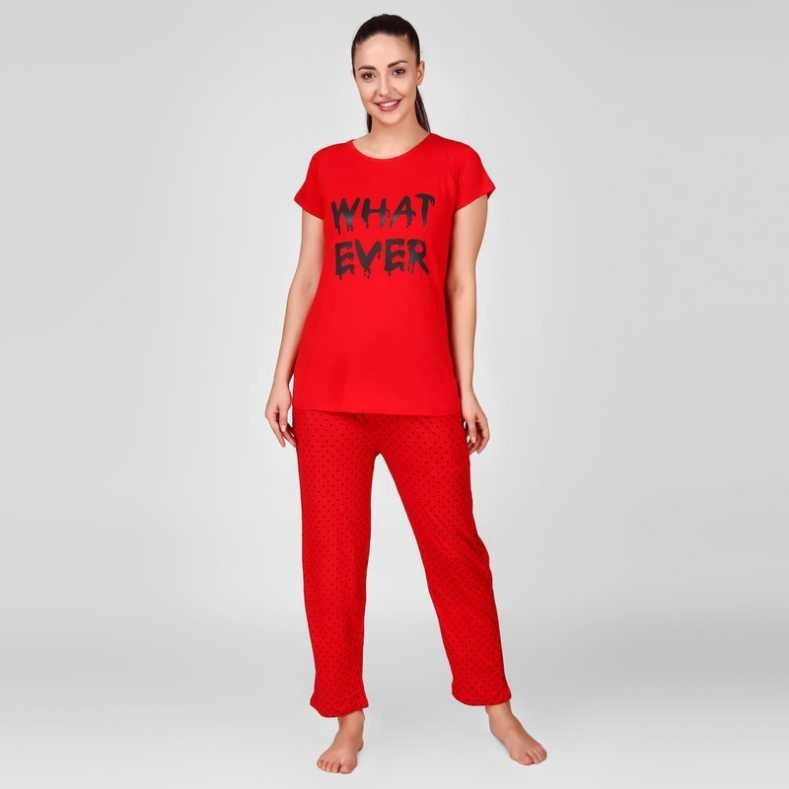 Anixa Women's Star Printed Cotton Nightsuit Red 1