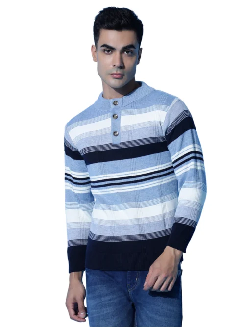 Anixa Men's Striped Button Neck Knitted Sweater Sky-2