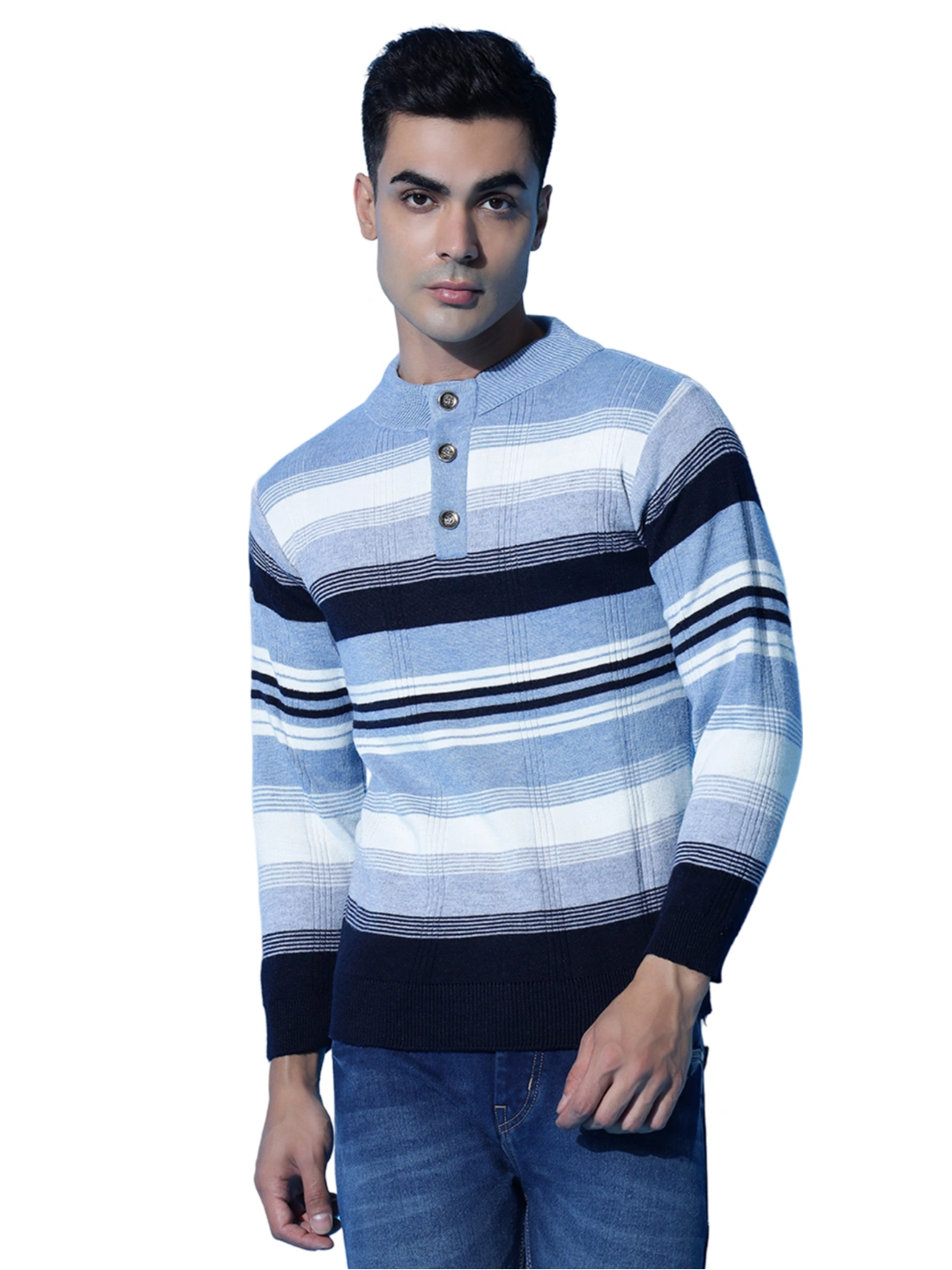 Anixa Men's Striped Button Neck Knitted Sweater Sky-2