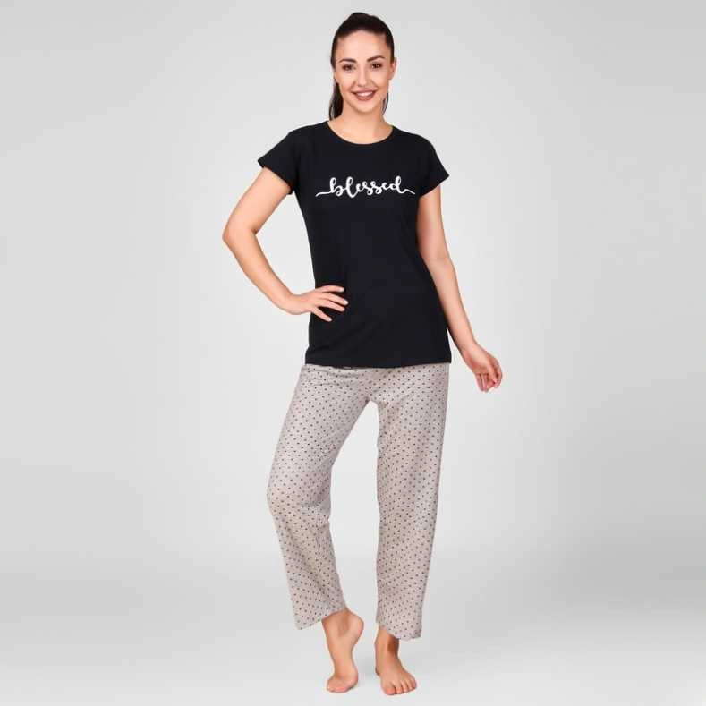 Anixa Women's Star Printed Cotton Nightsuit Black Grey 4