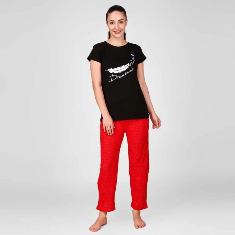 Anixa Women's Star Printed Cotton Nightsuit Black Red 1