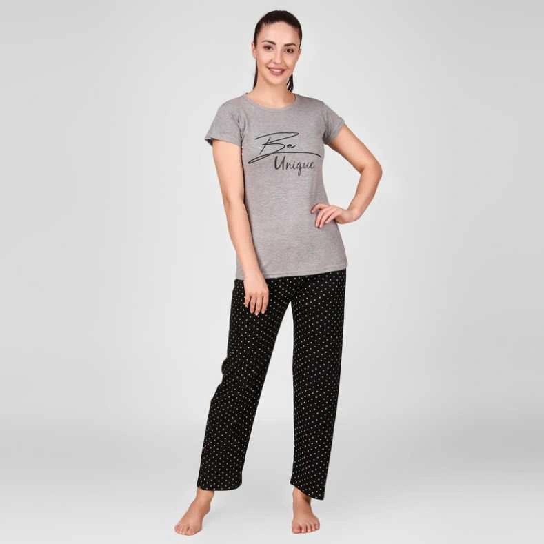Anixa Women's Star Printed Cotton Nightsuit Grey Black 1