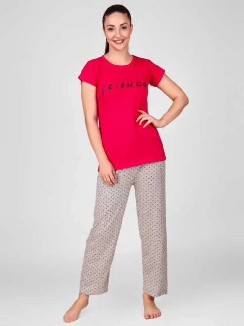 Anixa Women's Star Printed Cotton Nightsuit Pink Grey 4