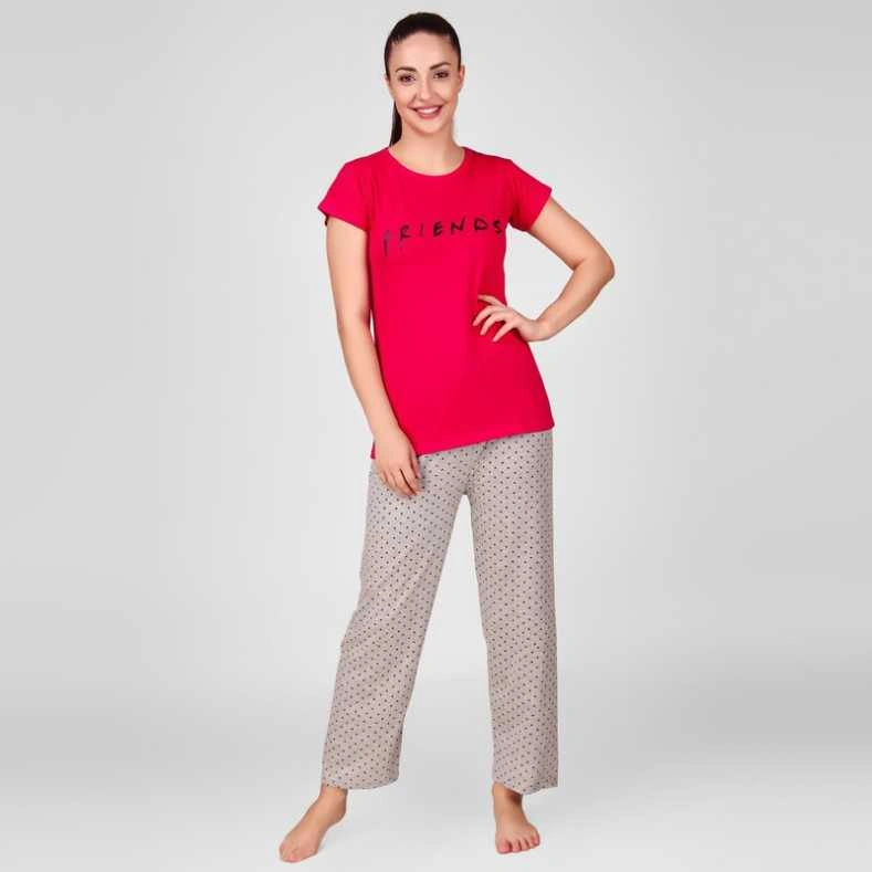Anixa Women's Star Printed Cotton Nightsuit Pink Grey 4