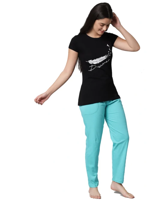 Anixa Women's Plain Pyjama Cotton Nightsuit Black Green 1