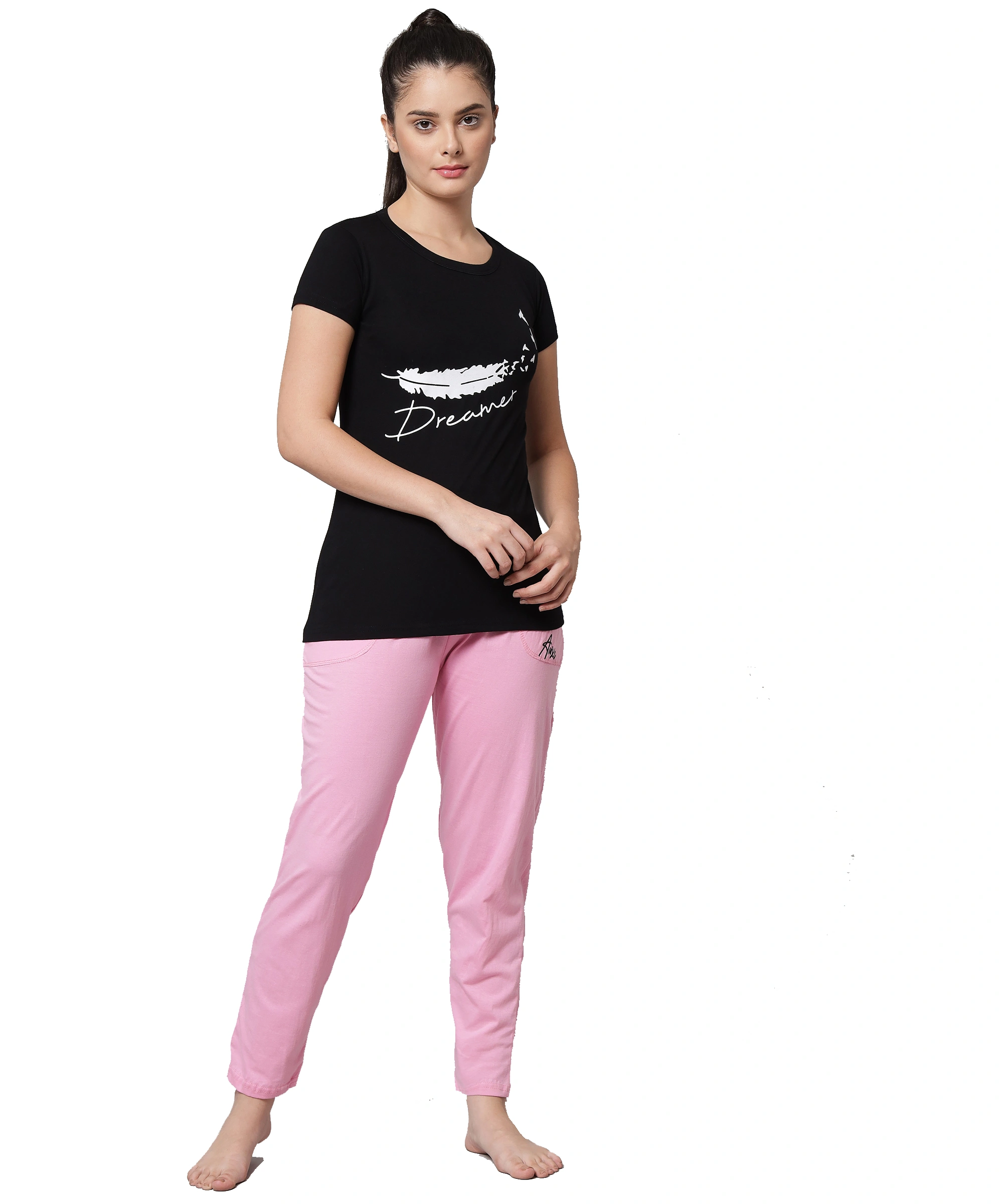 Anixa Women's Plain Pyjama Cotton Nightsuit Black LightPink 1