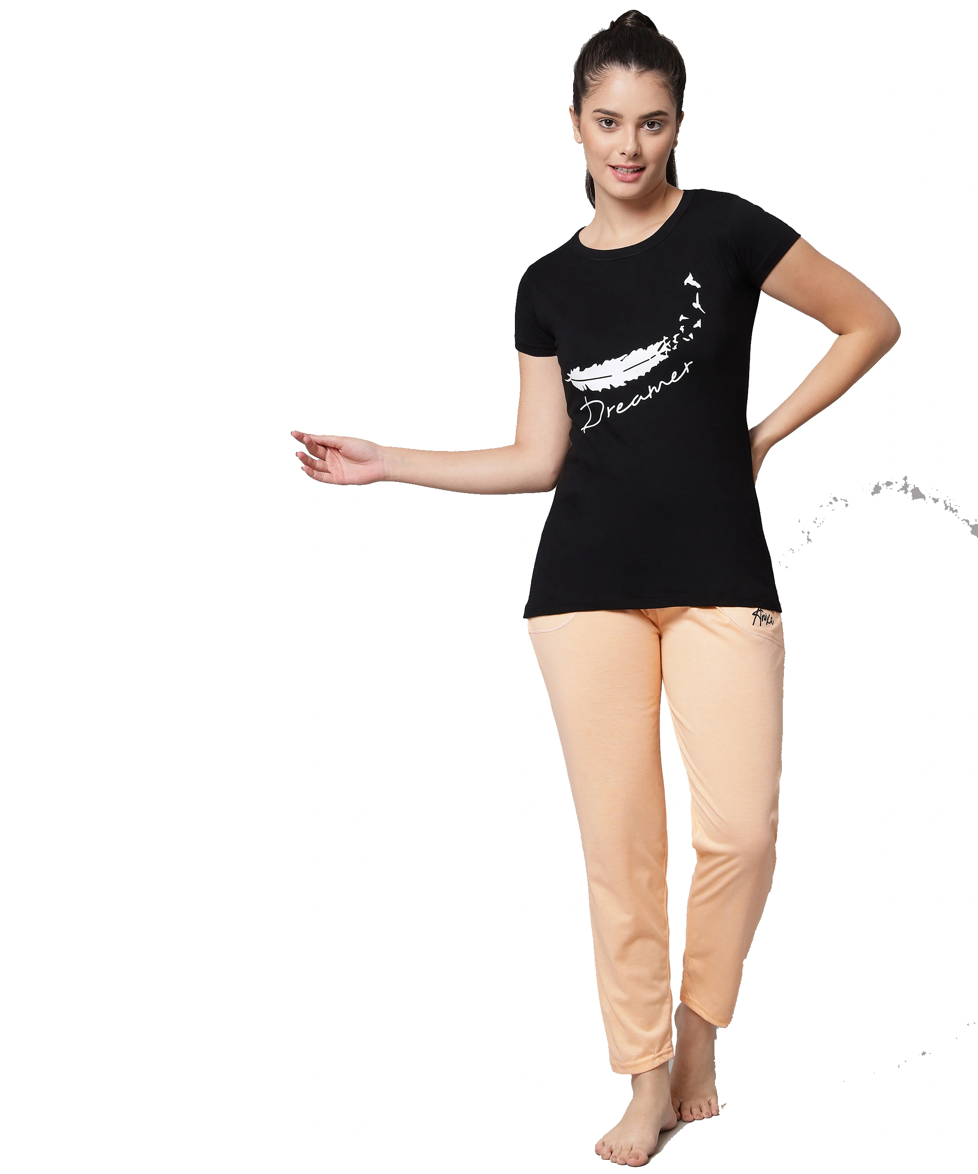 Anixa Women's Plain Pyjama Cotton Nightsuit Black Peach 6