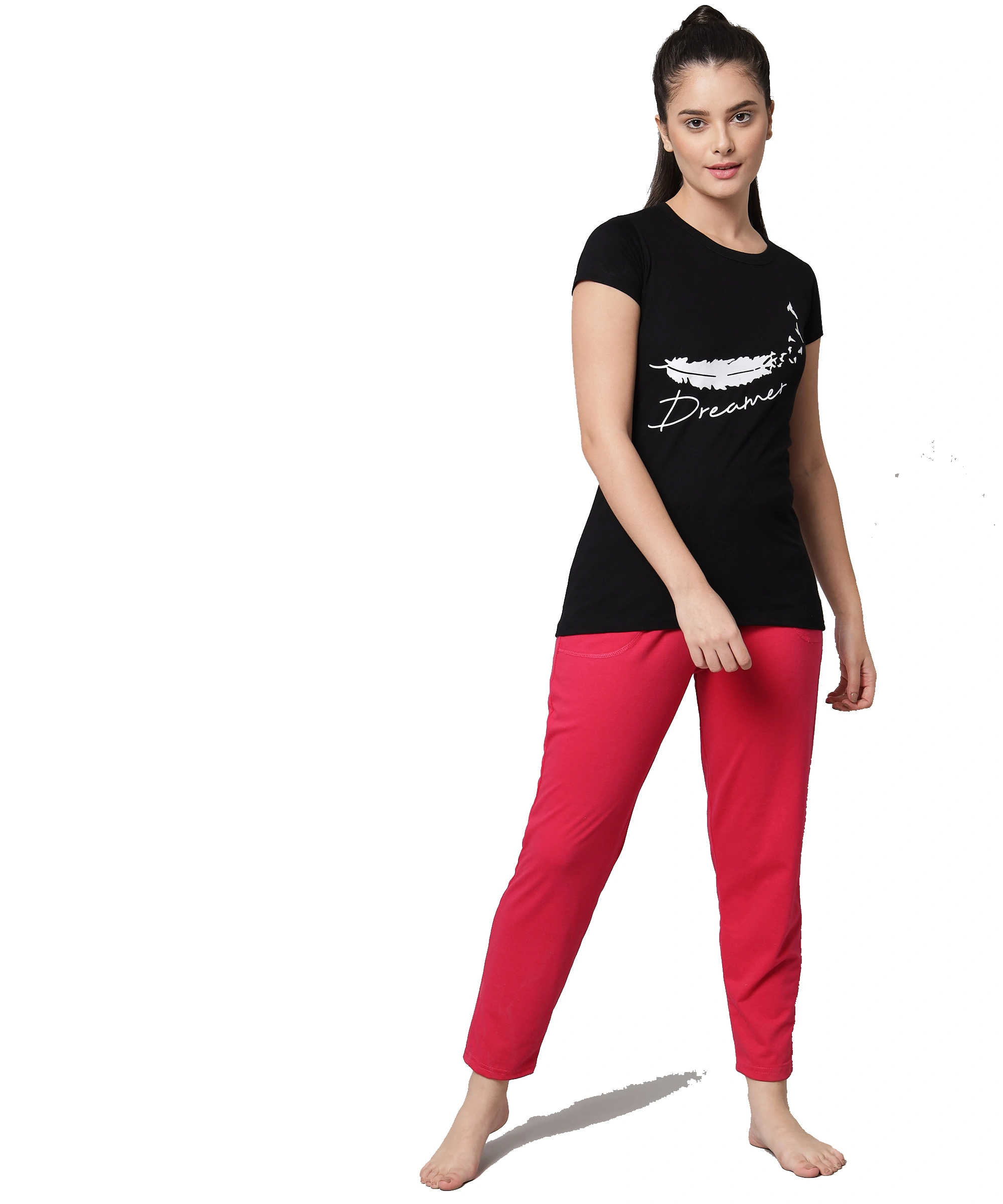 Anixa Women's Plain Pyjama Cotton Nightsuit Black Pink 5