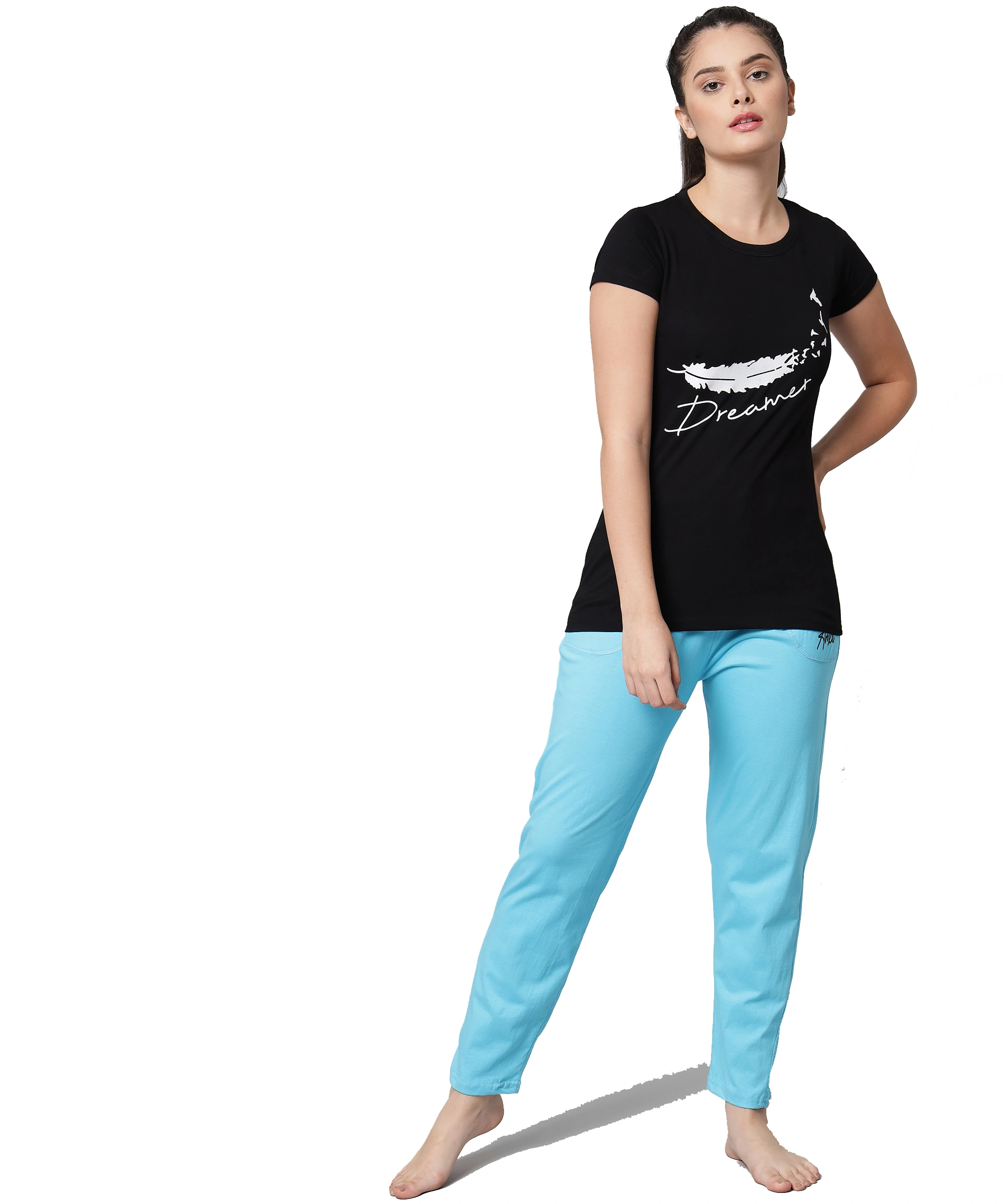 Anixa Women's Plain Pyjama Cotton Nightsuit Black Sky 1