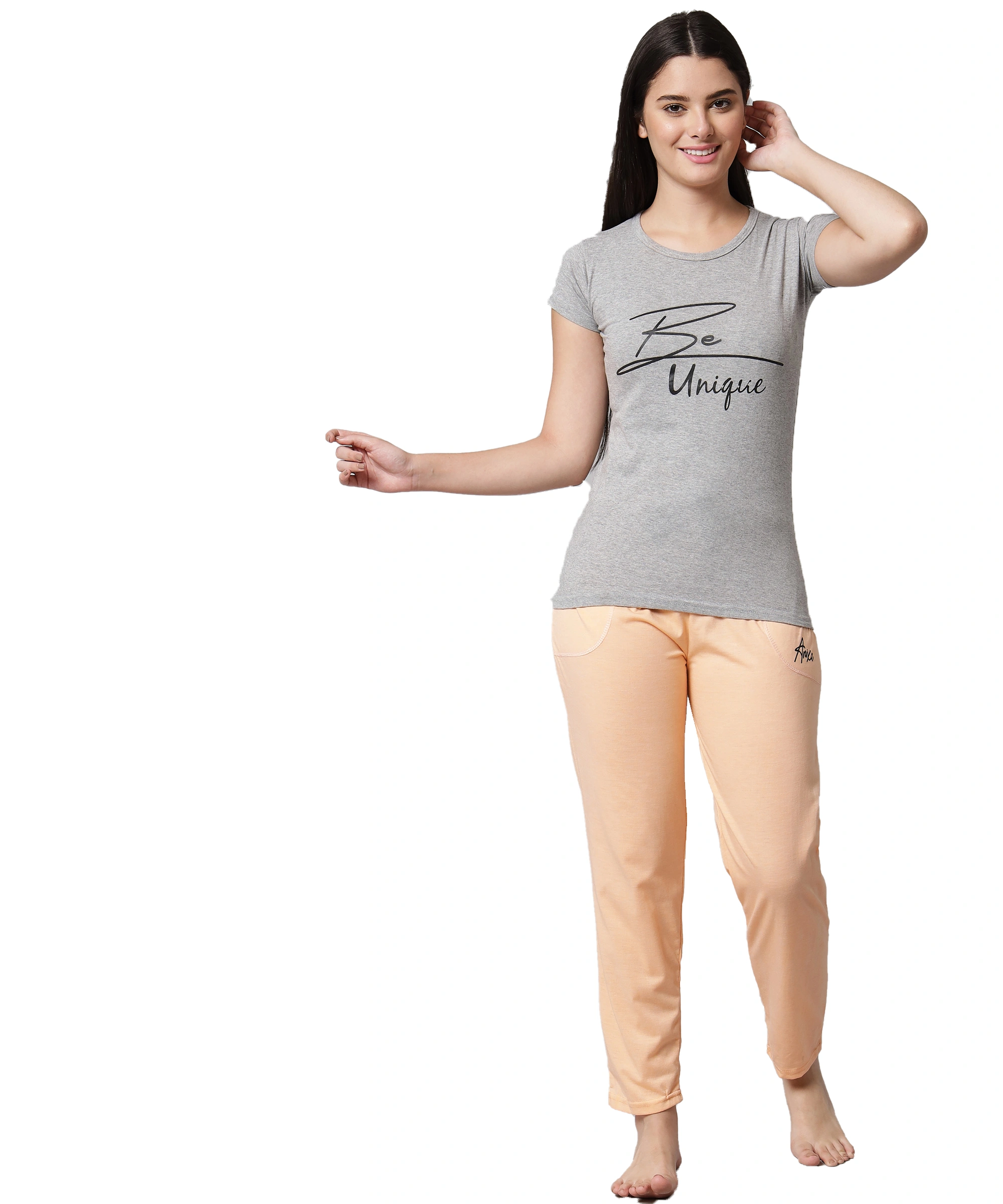 Anixa Women's Plain Pyjama Cotton Nightsuit Grey Peach 1