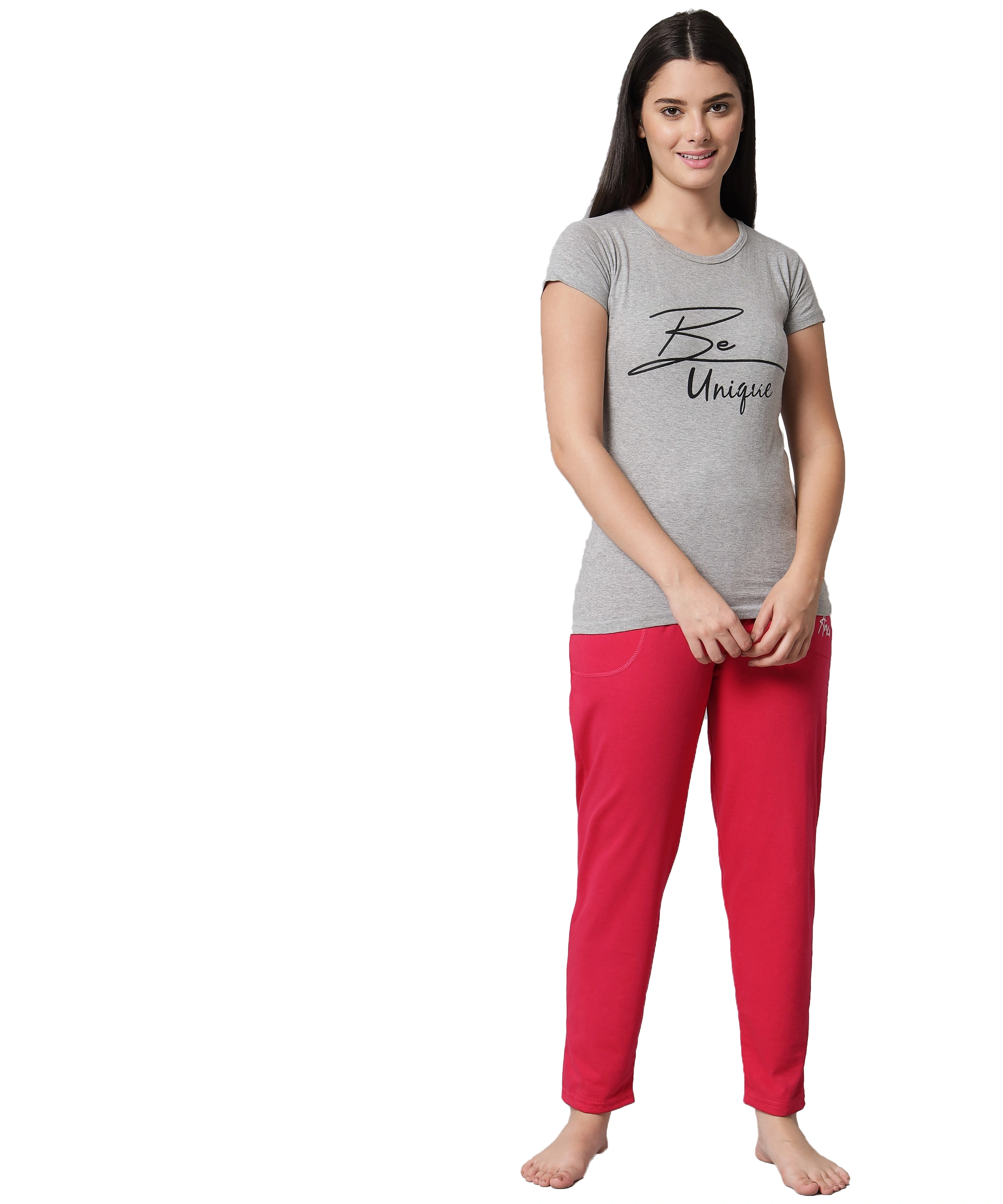 Anixa Women's Plain Pyjama Cotton Nightsuit Grey Pink 1