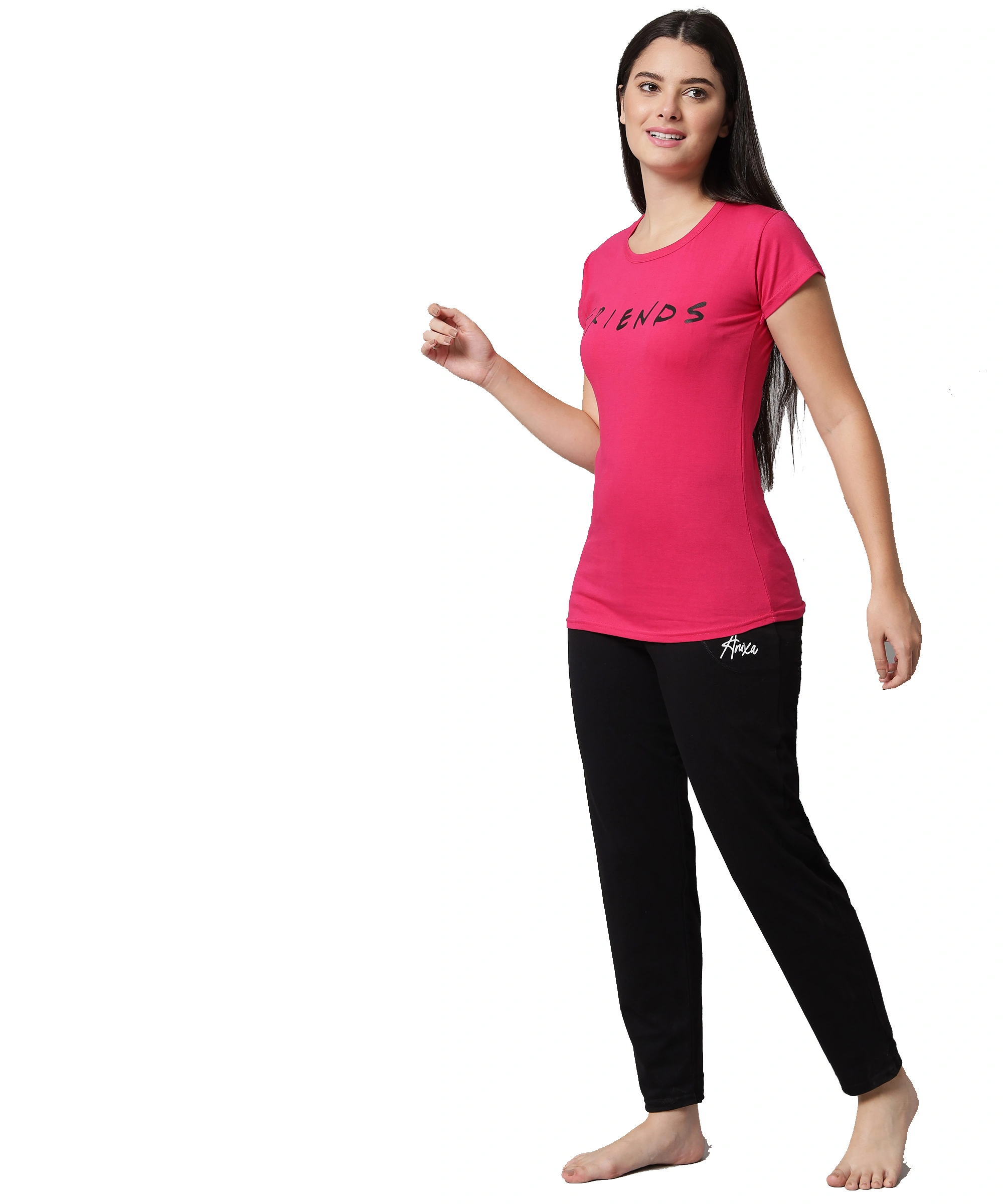 Anixa Women's Plain Pyjama Cotton Nightsuit Pink Black 7