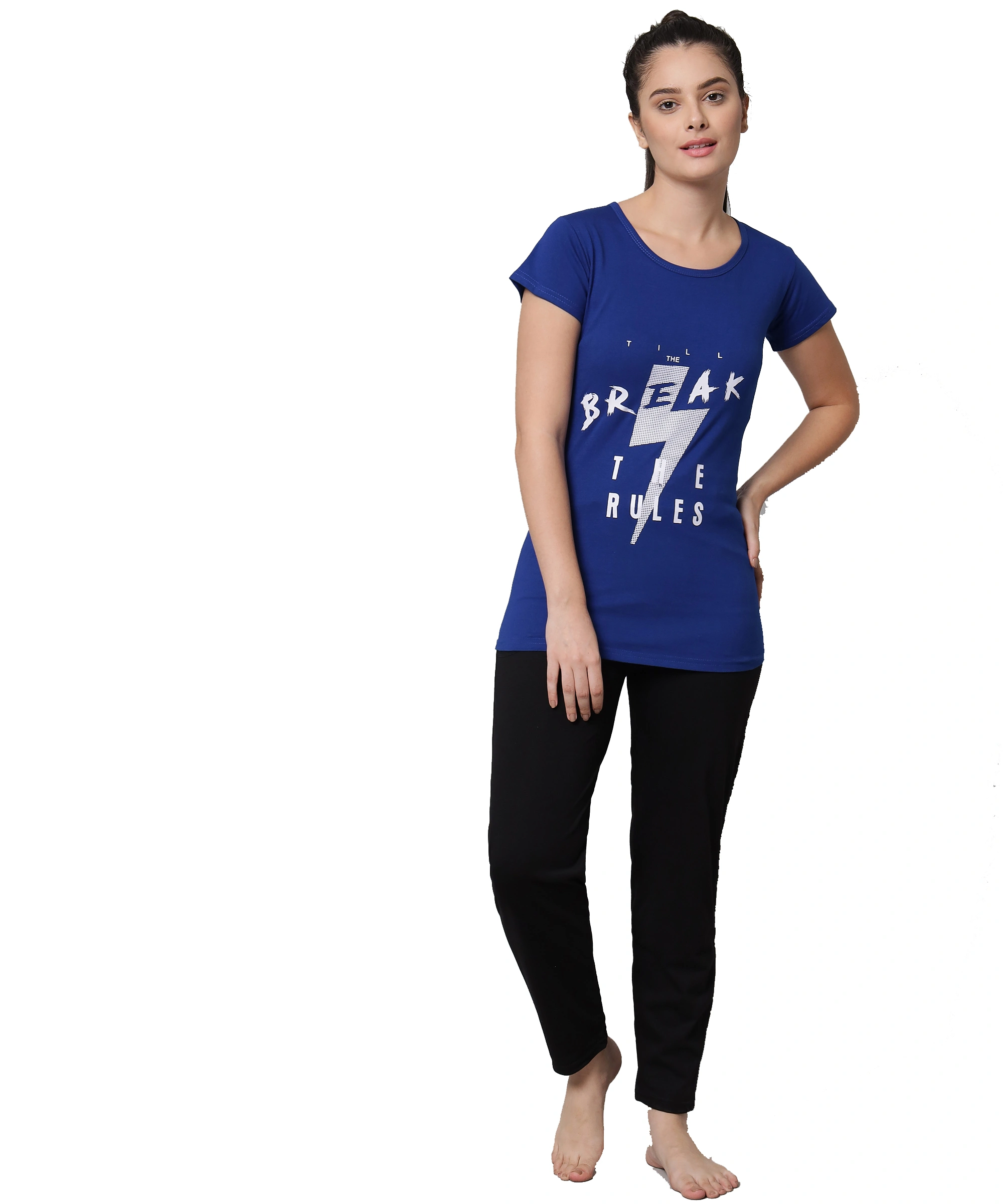 Anixa Women's Plain Pyjama Cotton Nightsuit RoyalBlue Black 1