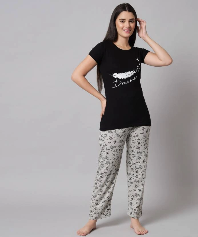 Anixa Women's Printed Cotton Nightsuit Black Grey 1