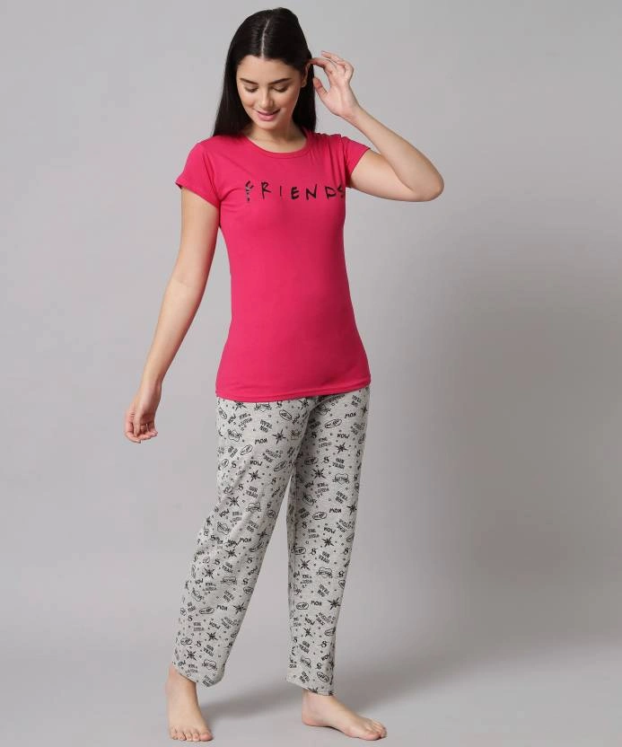 Anixa Women's Printed Cotton Nightsuit Pink Grey 1