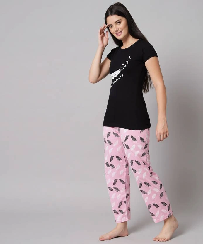 Anixa Women's Printed Cotton Nightsuit Black LightPink 1
