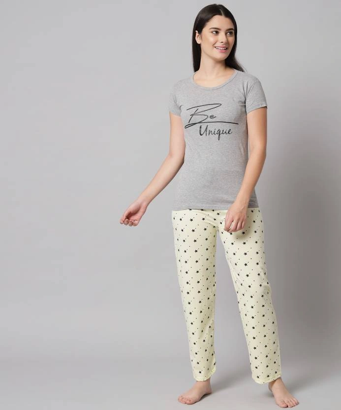 Anixa Women's Printed Cotton Nightsuit Grey Yellow 1
