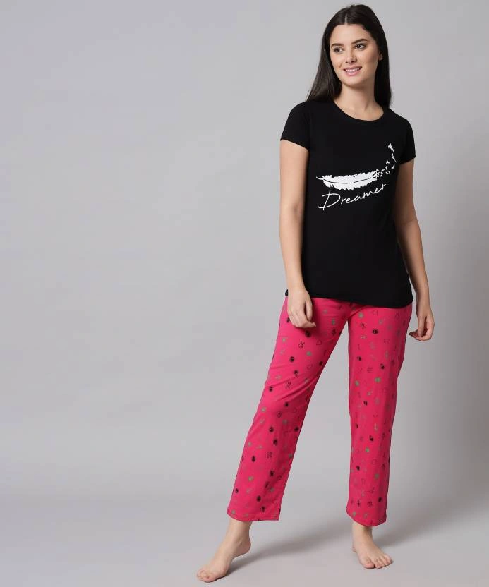 Anixa Women's Printed Cotton Nightsuit Black Pink 1