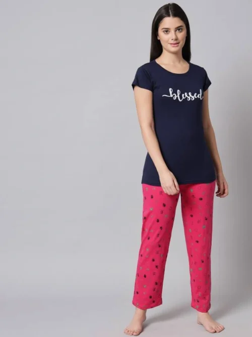 Anixa Women's Printed Cotton Nightsuit Navy Pink 1