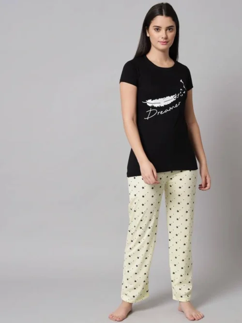 Anixa Women's Printed Cotton Nightsuit Black Yellow 1